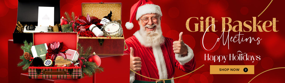A cheerful person dressed as Santa Claus giving thumbs up next to festive gift baskets and text reading "Gift Basket Collections, Happy Holidays, Shop Now.