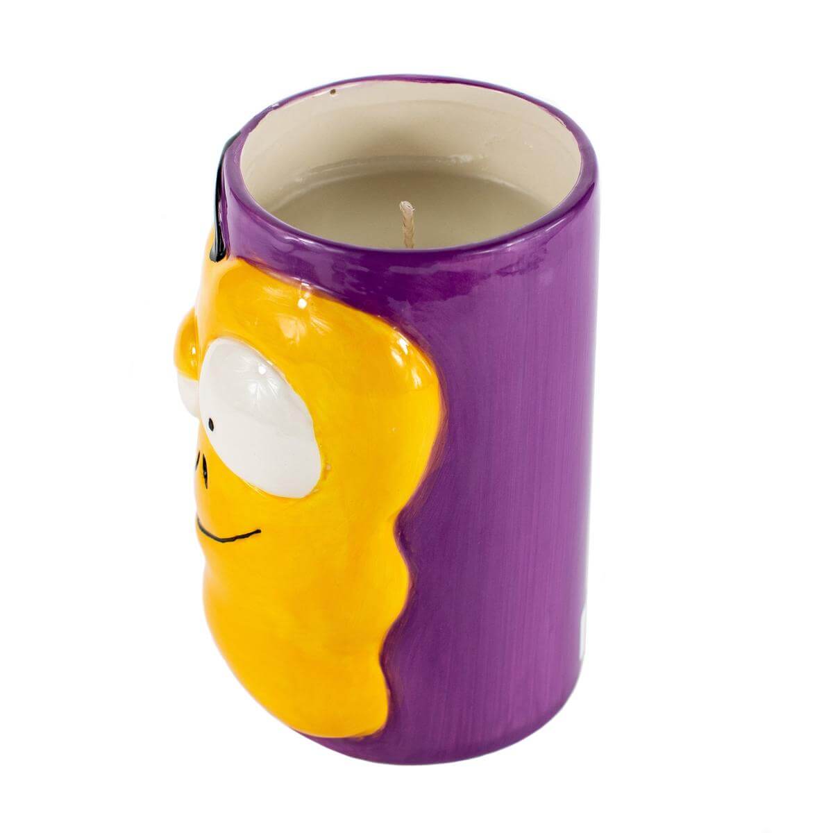 The Ceramic Monster Face Candle – Yellow is a cylindrical Halloween candle with a yellow cartoon face on purple ceramic. Featuring an unlit wick, it adds playful charm to your decor.