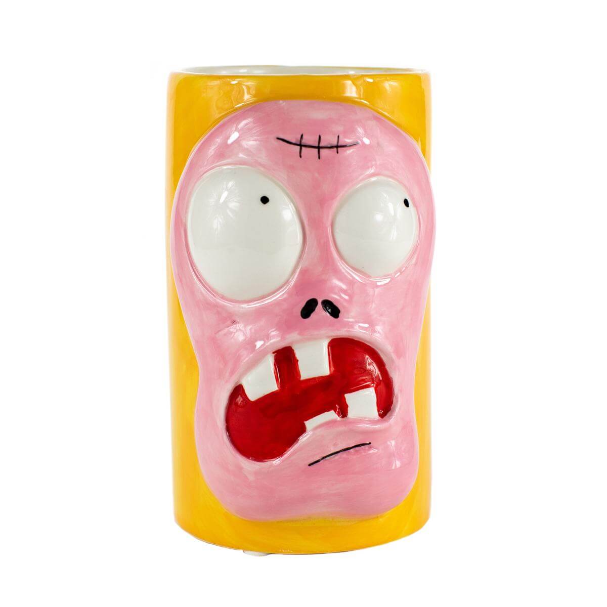 The Ceramic Monster Face Candle – Pink is a quirky ceramic mug with a yellow body and an exaggerated pink monster face—perfect as a fun Halloween candle holder.