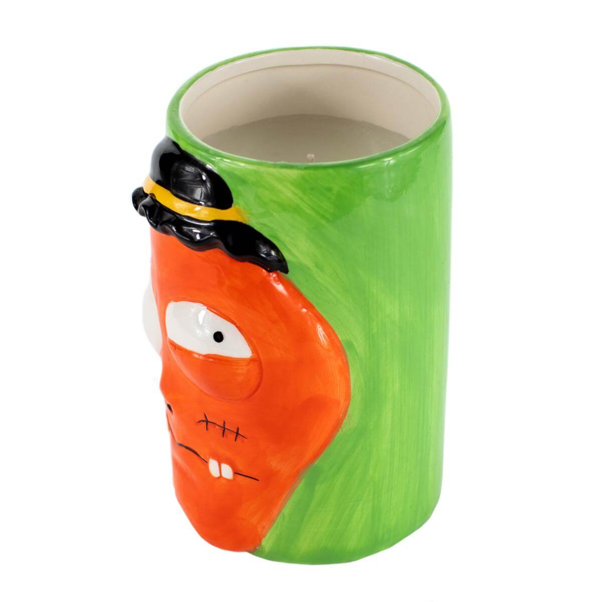 The Ceramic Monster Face Candle – Orange is a ceramic mug with a green exterior, sculpted orange monster face, stitched details, and black hat—great for Halloween décor or reuse as a mug.