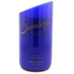 The Recycled Still Natural Spring Water Candle - Diagonal Cut is an eco-friendly candle made from a Saratoga blue glass bottle, featuring natural coconut-apricot wax and a stylish slanted top.