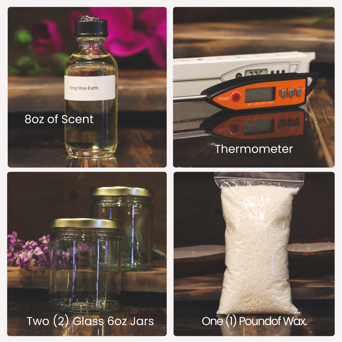 The Candle Creating Kit features four labeled items: an 8 oz scent bottle, thermometer, two glass 6 oz jars, and a 1-pound bag of wax pellets, all arranged individually on a wooden surface.