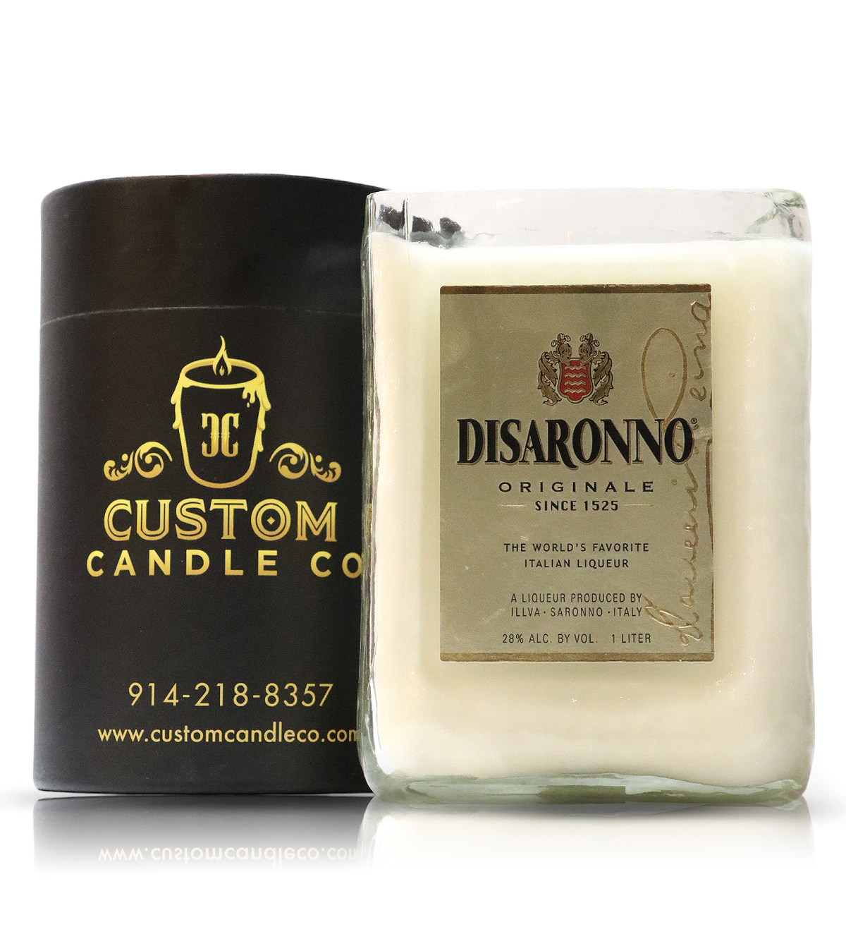 The Recycled Italian Liqueur Bottle Candle—a natural soy candle in a glass holder labeled "Disaronno Originale"—makes a unique addition to your personalized Custom Candle collection from Custom Candle Co.