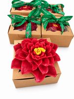 Poinsettia wax melt flower with red petals and yellow center beside holiday gift boxes tied with green Christmas ribbon