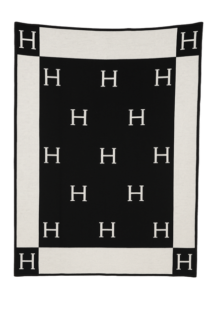 The Paris Designer Gift Set includes a black and white cotton throw blanket with a grid of "H" letters and corner details—ideal for gift sets or custom design baskets.
