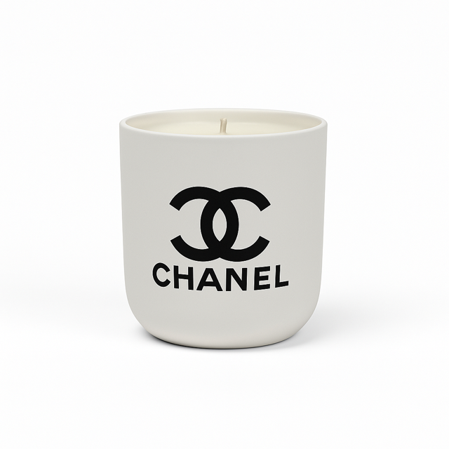 The White Ceramic Designer Candle showcases the black Chanel logo and brand name on a white ceramic container, making it an ideal designer piece for elegant interiors.