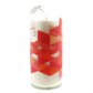 The Recycled Ruby Vodka Candle is a hand-poured natural soy candle in a recycled vodka glass with a red and orange geometric triangle design. The glass has a chipped top.
