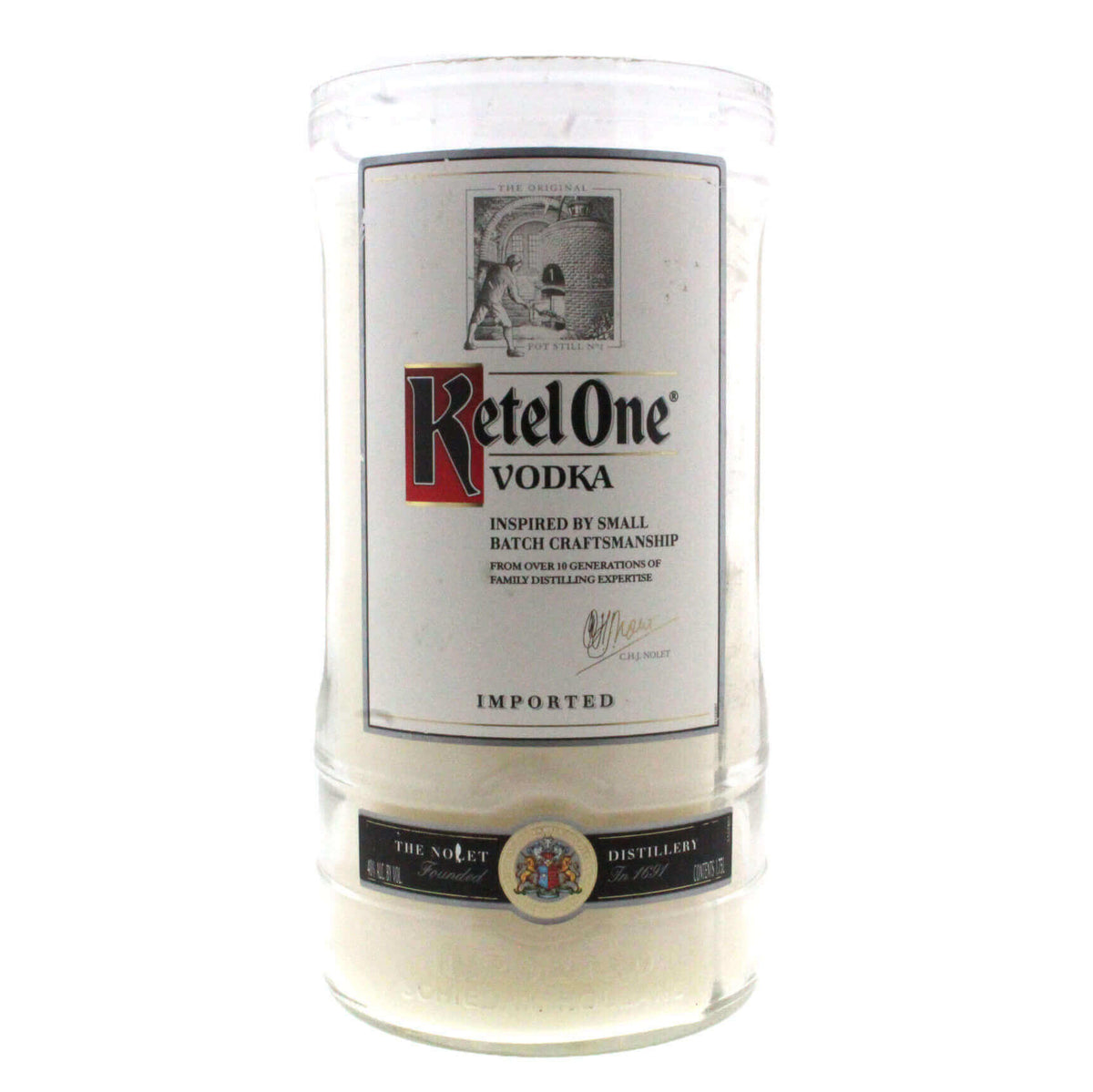 The Recycled Imported Vodka Candle is crafted from a glass featuring the Ketel One Vodka logo, repurposed from a vodka bottle—ideal for those who value both style and sustainability.