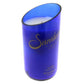 Recycled Still Natural Spring Water Candle - Diagonal Cut: A blue glass holder with white candle, gold "Saratoga Since 1872" label, eco-friendly coconut-apricot wax, and a slanted top edge for unique style.