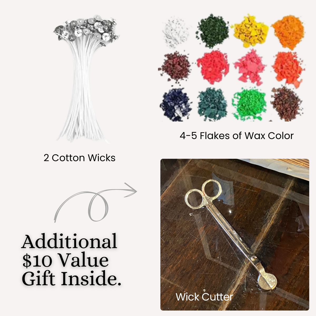 The Candle Creating Kit includes 2 cotton wicks, assorted wax color flakes, a metal wick cutter—your ideal Candle Making Supplies—and features the message “Additional $10 Value Gift Inside.”.