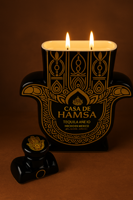 A Recycled Black and Gold Tequila Candle made from Coconut Apricot wax, labeled "Casa de Hamsa," sits next to a matching black decorative stopper, both set against a brown background.