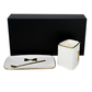 The 3D Design Handbag Shaped Ceramic Coffee Cups Set pairs perfectly with a white ceramic candle, tray, and gold spoon set—together they make a stylish and practical decorative gift in a black gift box.