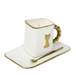 The 3D Design Handbag Shaped Ceramic Coffee Cups Set features a ceramic mug with gold handle and bow, matching rectangular plate, and gold-edged spoon—a stylish, practical decorative gift.