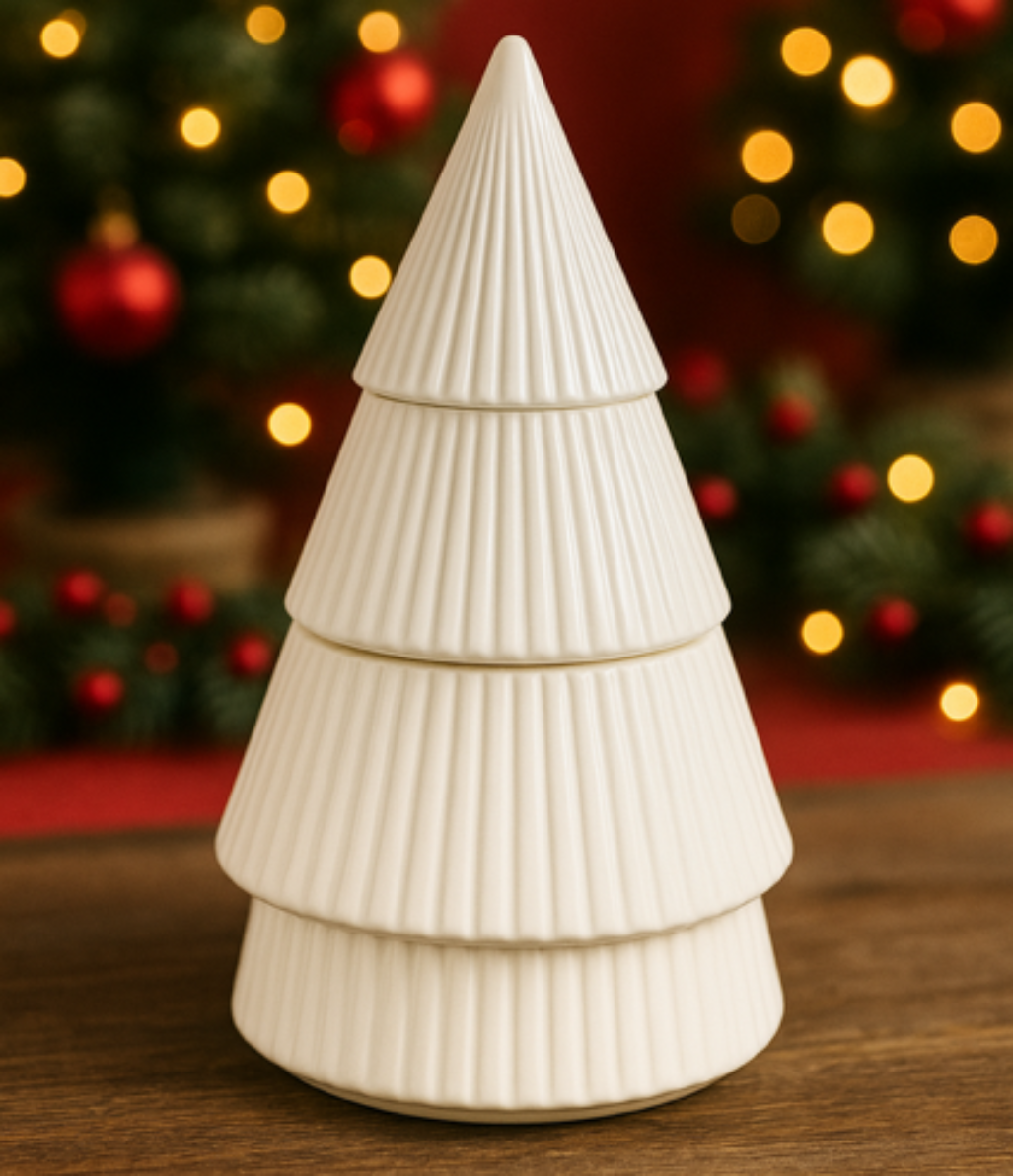 The White Ceramic Christmas Tree Candle, hand-poured from all natural wax, features three ribbed tiers and sits on a wooden surface glowing warmly amid blurred holiday decorations and festive lights in the background.