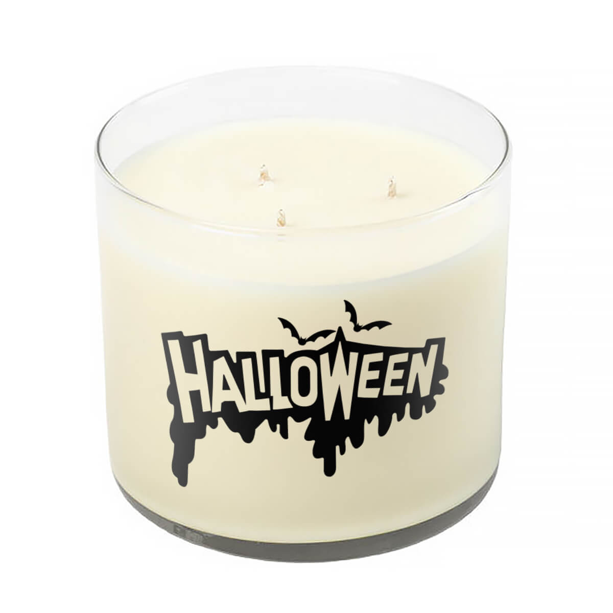 The 3 Wick Clear Tumbler Halloween Candle features a white wax in a clear glass jar with "Halloween" and black bats on the front—an ideal festive scented candle for Halloween lovers.