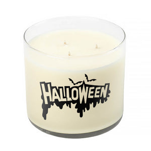 The 3 Wick Clear Tumbler Halloween Candle features a white wax in a clear glass jar with "Halloween" and black bats on the front—an ideal festive scented candle for Halloween lovers.