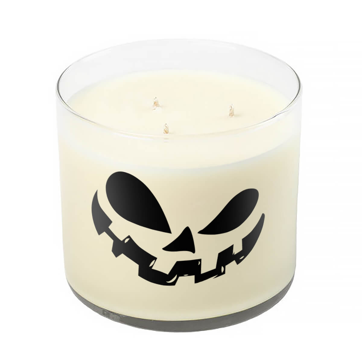 The 3 Wick Clear Tumbler Halloween Candle with Scary Pumpkin (Face #2) is a white soy wax candle in a clear jar, featuring a black jack-o'-lantern face design for a clean, long-lasting burn.