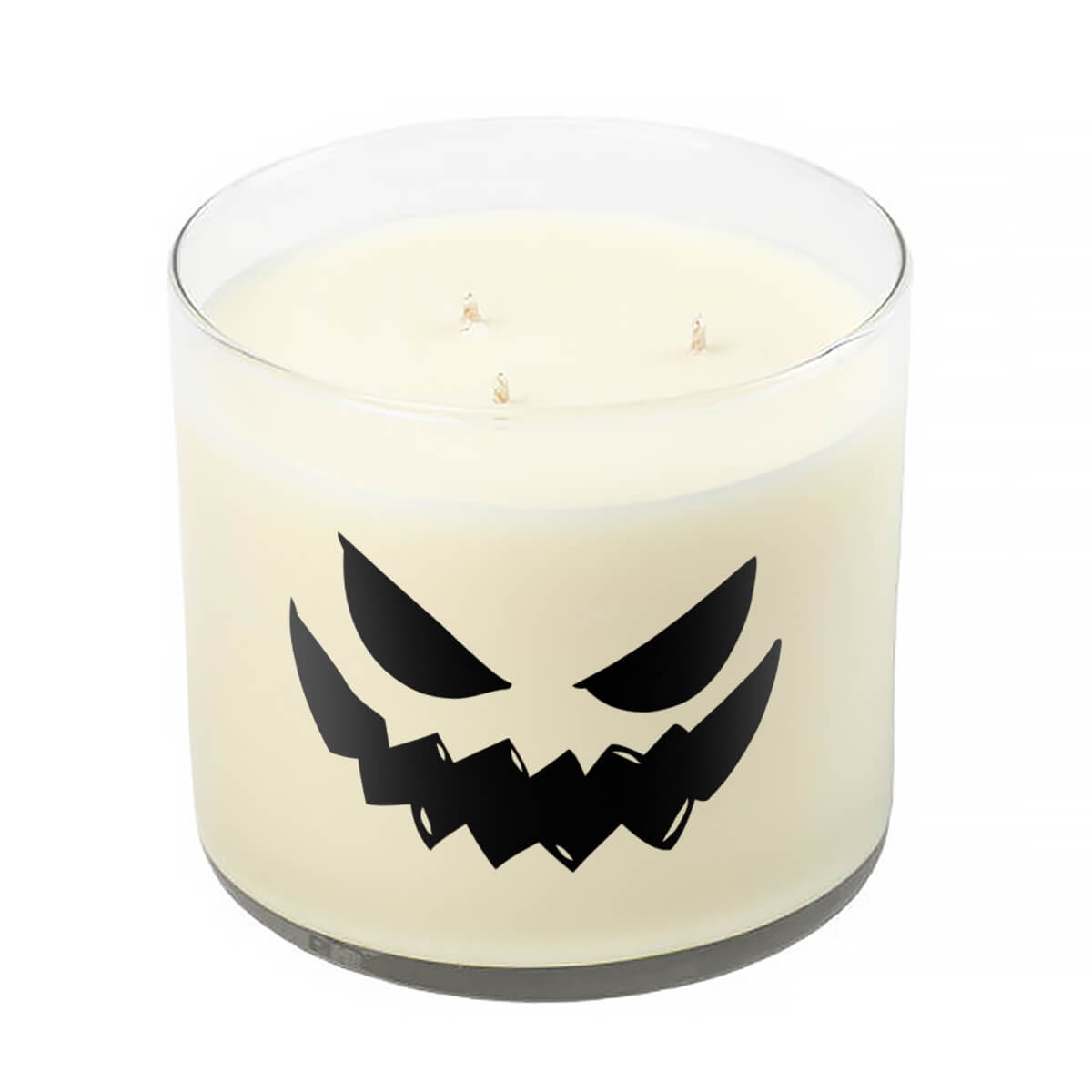 The 3 Wick Clear Tumbler Halloween Candle with Scary Pumpkin (Face #4) features a white scented candle in a clear glass jar with a jagged jack-o’-lantern face—perfect for Halloween décor.