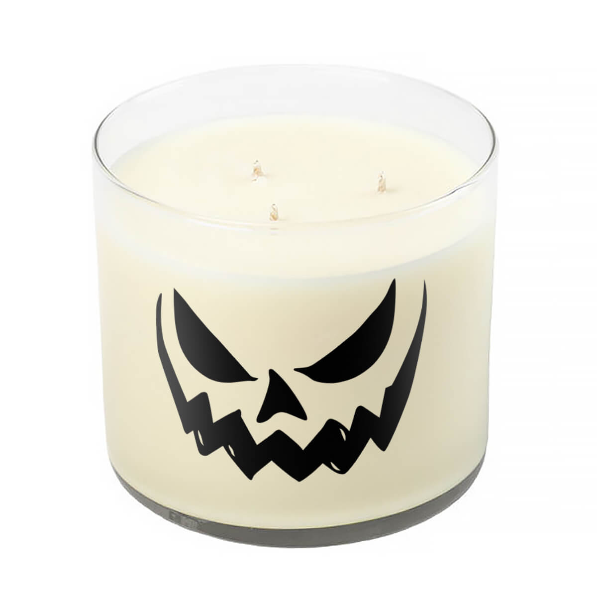 The 3 Wick Clear Tumbler Halloween Candle with Scary Pumpkin (Face #5) is a white soy wax candle in a clear glass jar, decorated with a black jack-o'-lantern face on the front.