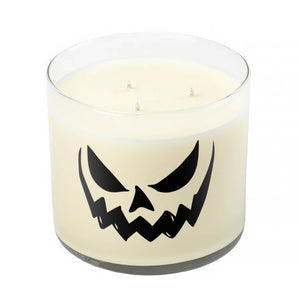 The 3 Wick Clear Tumbler Halloween Candle with Scary Pumpkin (Face #5) is a white soy wax candle in a clear glass jar, decorated with a black jack-o'-lantern face on the front.