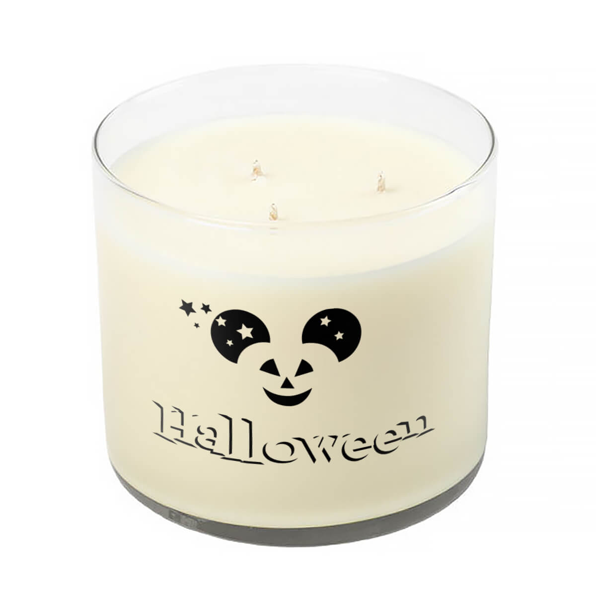 The 3 Wick Clear Tumbler Halloween Mouse Ears Candle is a white soy wax candle in a clear jar, featuring a mouse head with a jack-o'-lantern face and "Halloween" on the front.