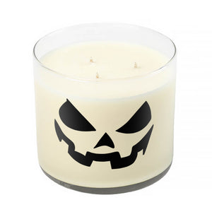 The 3 Wick Clear Tumbler Halloween Candle with Scary Pumpkin (Face #3) features a white candle in a clear glass holder, adorned with a black jack-o'-lantern face—ideal as festive pumpkin décor.