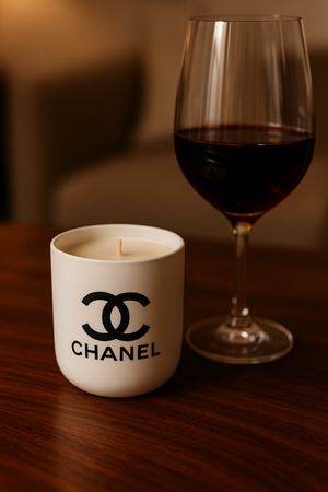 The White Ceramic Designer Candle sits beside a glass of red wine on a wooden surface, with a blurred background.