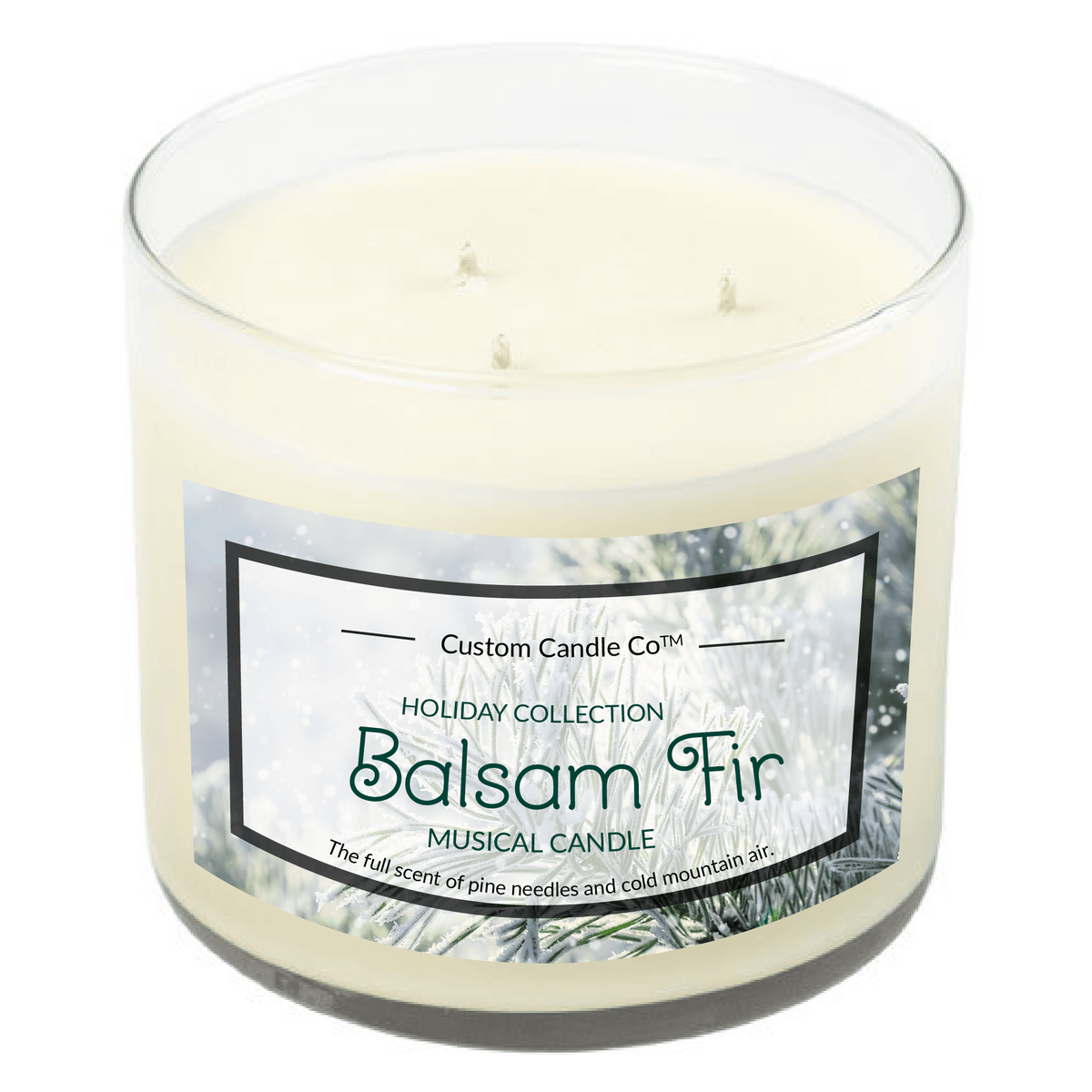 The Musical Holiday Candle – Balsam Fir is a white three-wick candle in a clear glass jar from Custom Candle Co's Holiday Collection, offering a festive balsam fir scent paired with charming musical features.