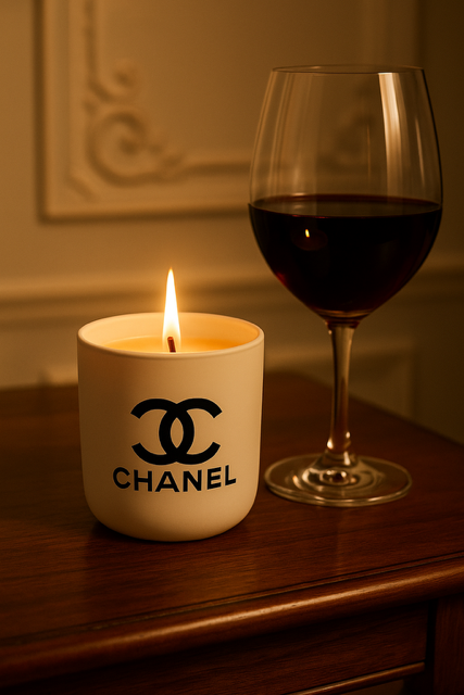 A White Ceramic Designer Candle glows beside a glass of red wine on a wooden table, set against an elegant, softly lit background.