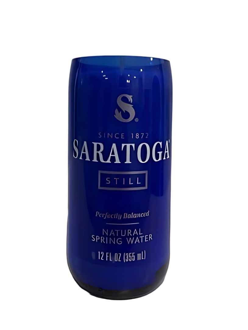 The Recycled Still Spring Water Bottle Candle is crafted from a blue 12 fl oz Saratoga bottle with white labeling—an eco-friendly, customizable scented candle perfect for upcycling and sustainable decor.