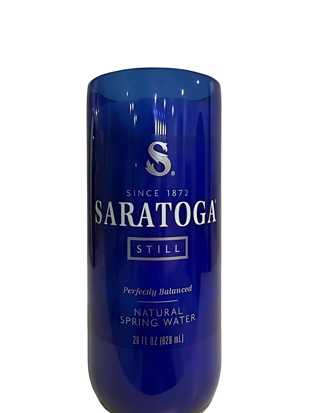 The Recycled Still Spring Water Bottle Candle transforms a blue glass "Saratoga Still Natural Spring Water, 28 fl oz" bottle into an eco-friendly soy candle, blending sustainability and unique design using a recycled water bottle.