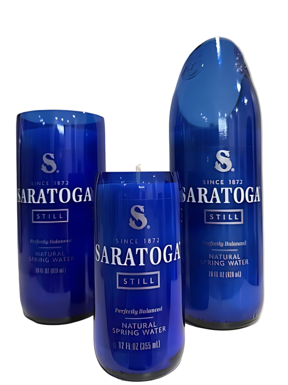 Three blue Saratoga Still water bottles, two made into cups and one as a Recycled Still Spring Water Bottle Candle, are displayed upright on a white background.