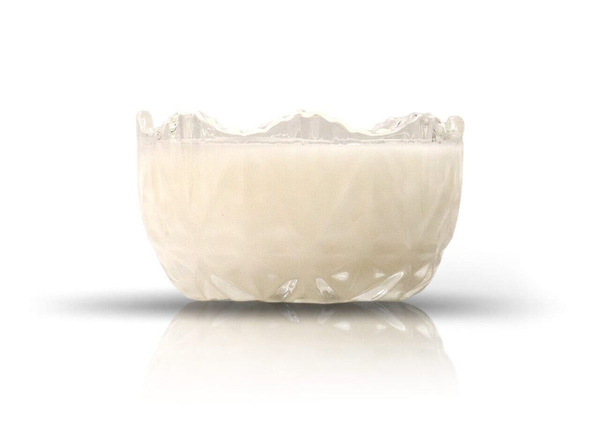 A clear, textured glass bowl filled with white liquid, identified as the Sugar Dish Motif Candle, is displayed against a white background with a faint reflection beneath.