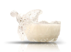 The Sugar Dish Motif Candle features clear glass and a partially open lid, filled with white soy wax, displayed against a white background.