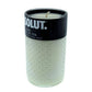 The Recycled Black Label Vodka Candle is a white natural soy candle in a textured glass container with a black lid, inspired by vodka bottle caps and labeled "SOLUT," offering a unique recycled touch.