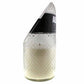 The Recycled Black Label Vodka Candle features a white soy candle in a clear, textured holder crafted from the base of an upcycled vodka bottle—a stylish eco-friendly addition to any space.