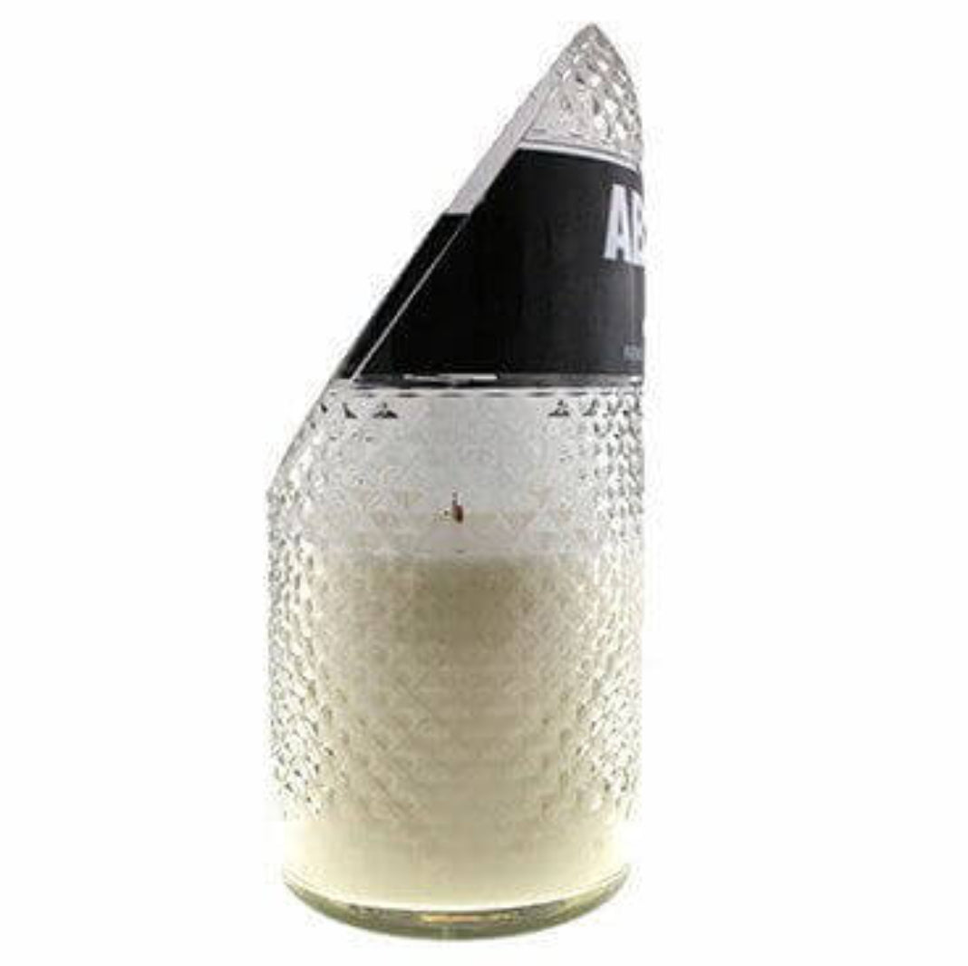 The Recycled Black Label Vodka Candle features a white soy candle in a clear, textured holder crafted from the base of an upcycled vodka bottle—a stylish eco-friendly addition to any space.