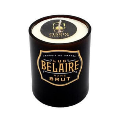 The Recycled Black Champagne Candle is made from a Luc Belaire Rare Brut bottle, features all-natural soy white wax, and comes with a branded lid.