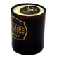 The Recycled Black Champagne Candle, labeled "LUC BELAIRE RARE BRUT," features a gold and black lid and is crafted from all-natural soy wax. It is displayed against a white background.