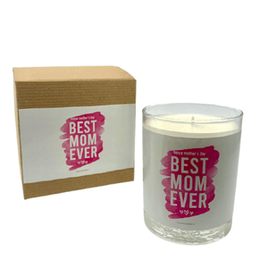 The Best Mom Ever candle, pink design, comes in a brown box with a matching label; made of soy wax and lavender violet scented, it makes a thoughtful gift for any mom.
