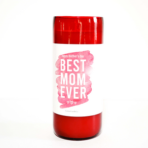 The "Best Mom Ever" Red Glass Candle features a white label with "Happy Mother's Day Best Mom Ever" in pink and three small hearts—a custom candle gift perfect for Mom.