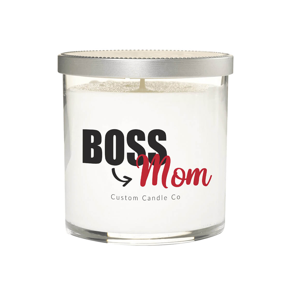 The BOSS Mom White Glass Candle features a white glass jar with a silver lid, "Boss Mom" in black and red, plus "Custom Candle Co" below—an ideal custom gift for every boss mom.