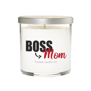 The BOSS Mom White Glass Candle features a white glass jar with a silver lid, "Boss Mom" in black and red, plus "Custom Candle Co" below—an ideal custom gift for every boss mom.