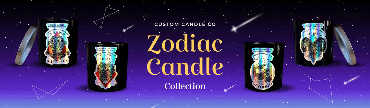 Zodiac candle collection with colorful designs on a dark background