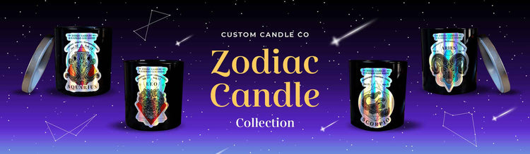 Zodiac candle collection with colorful designs on a dark background