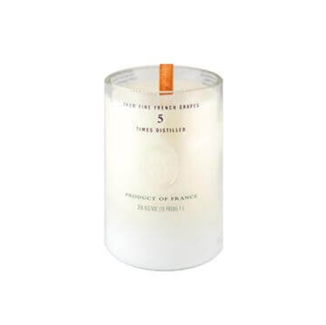 The Recycled Vodka Candle – Multi-color features a clear glass vessel with a wooden wick and minimal white label, including "5 TIMES DISTILLED" and "PRODUCT OF FRANCE," crafted from natural soy for a clean, custom candle experience.
