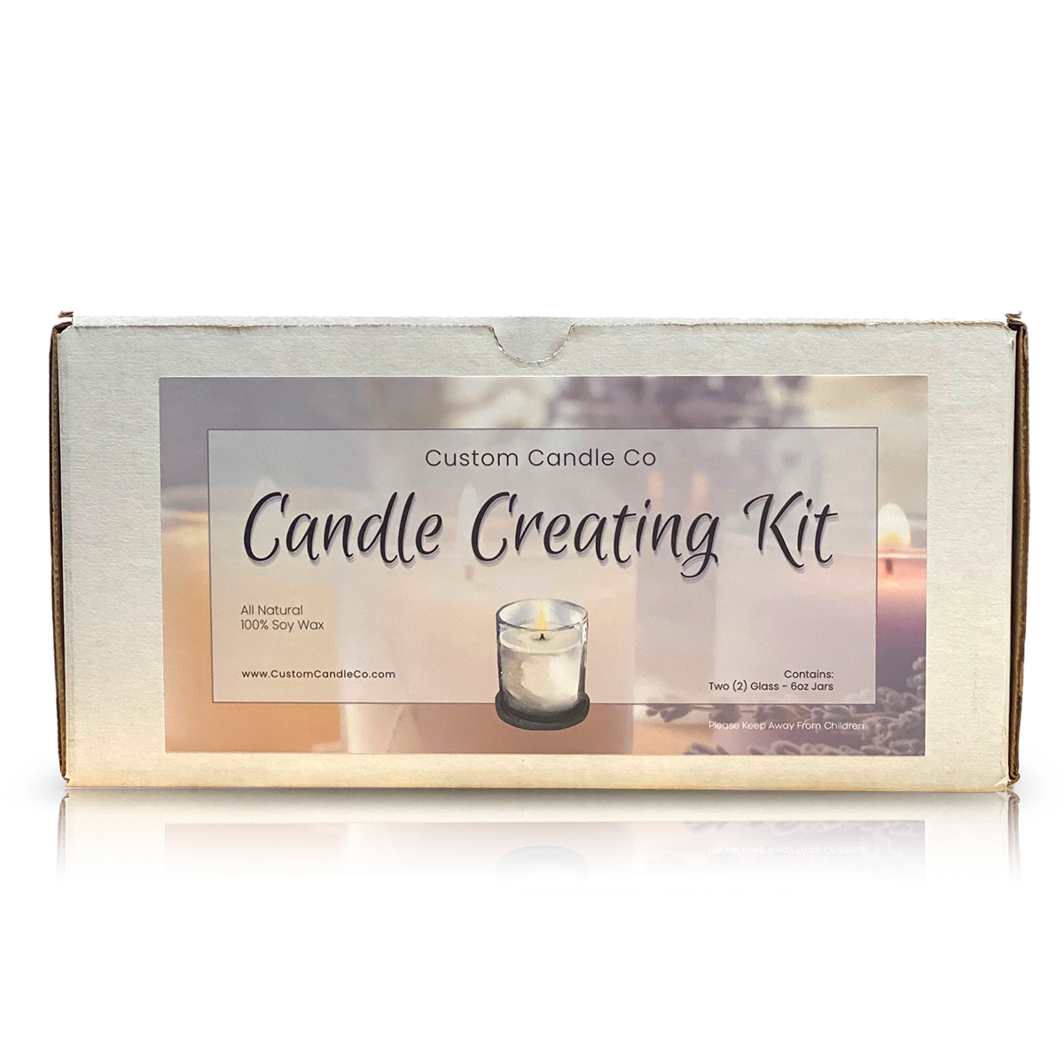 A rectangular box labeled "Candle Creating Kit" features an image of a lit candle, info about the Candle Making Kit, and the Custom Candle Co website.