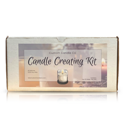 A rectangular box labeled "Candle Creating Kit" features an image of a lit candle, info about the Candle Making Kit, and the Custom Candle Co website.