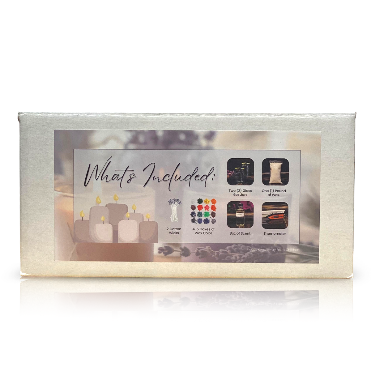 The Candle Creating Kit includes 3 cotton wicks, 2 jars, 1 lb wax, 4-6 color bottles, a box of scents, and a thermometer—everything you need to craft your own custom candles.