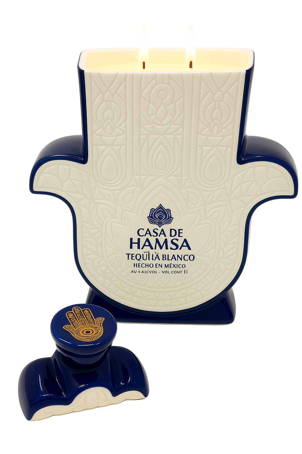 The Recycled Blanco Tequila Candle, crafted from a Hamsa hand-shaped bottle with intricate blue and gold details, makes an artful display—perfect to pair with a matching tequila bottle for unique decor.